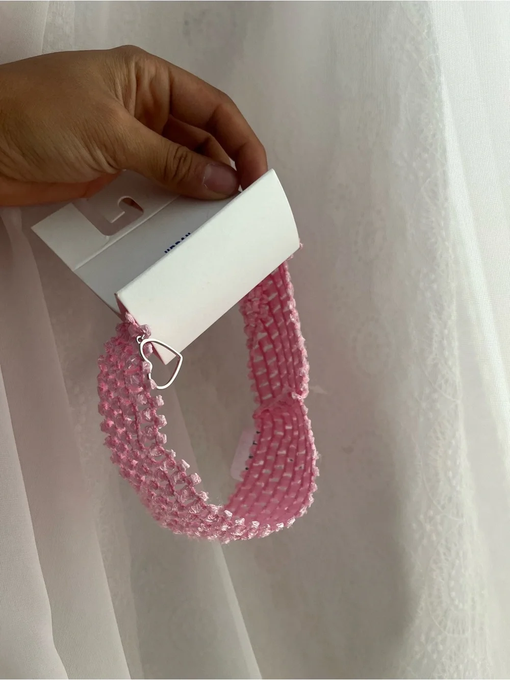 BNWT Urban Outfitters Light Pink Crochet Headband with Heart Charm